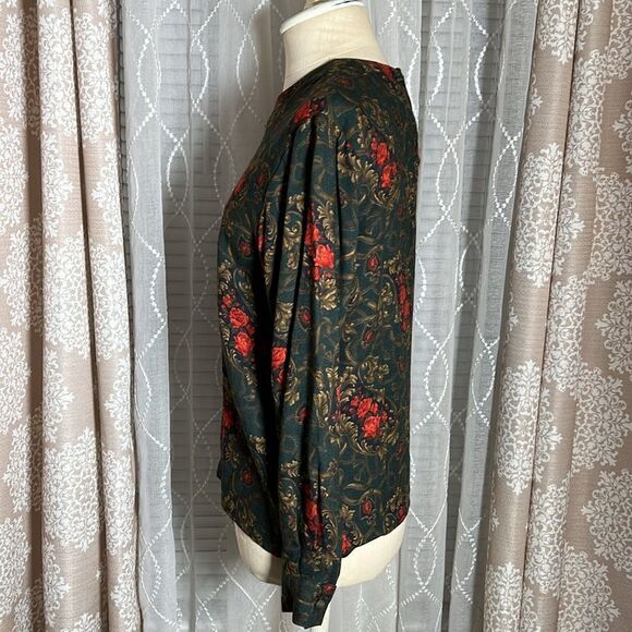 Talbots Petites Blouse Size 4P - Dark Green w/ Red Roses & Gold Scrolling - Picture 3 of 9